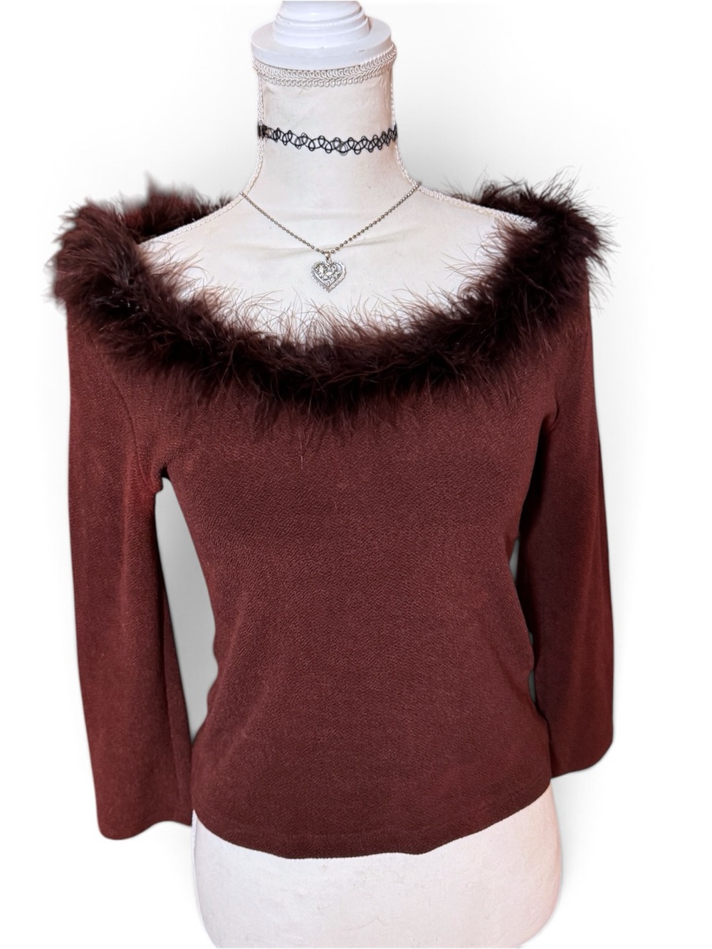 FLUFFY TRIM BROWN TOP 3/4 SLEEVE WHIMSY GOTH 🤎🧚